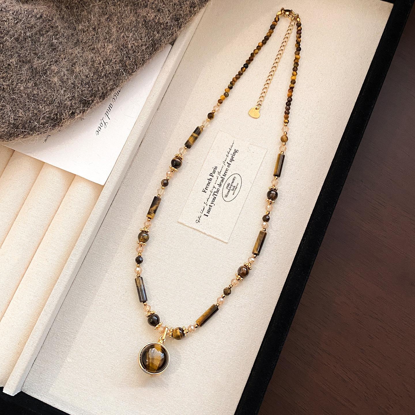 18k Real Gold Geometric Beaded Tiger s Eye Necklace Accessories Women s Sweater Chain Necklace