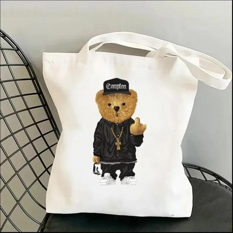 Harajuku Cute Bear Art Shoulder Bags Kawaii Tote Handbag Canvas Girl Environmental Large Capacity Portable Shopping Bag