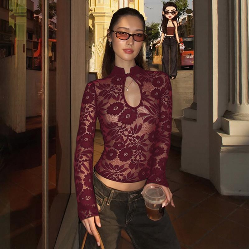 European & American Women's Sexy Lace See-through Long-Sleeve Top - Spring/Summer Fashion