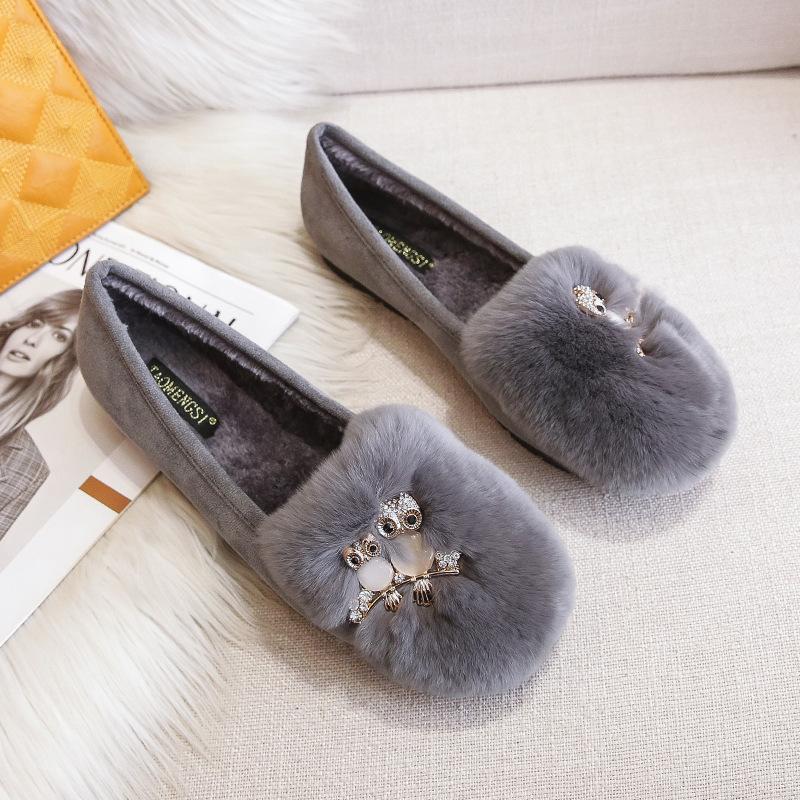 Fashion Big Size 34-43 Pom-Pom Rabbit Fur Shoes Women Owl Stone Moccasins Winter Plush Warm Boots Ladies Wool Flats Femme Cotton Loafers