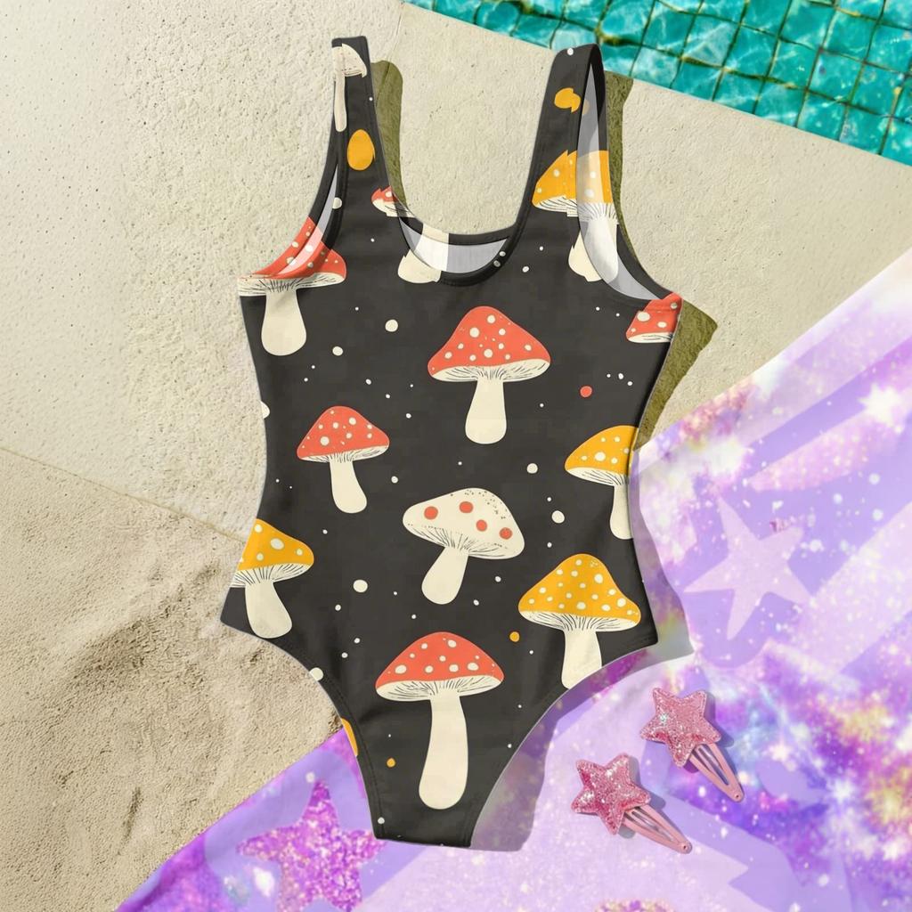 Maiô Infantil de Peça Única Verão Moda Casual Sem Mangas com Estampa de Cogumelos Adequado para Praia Piscina Atividades Aquáticas