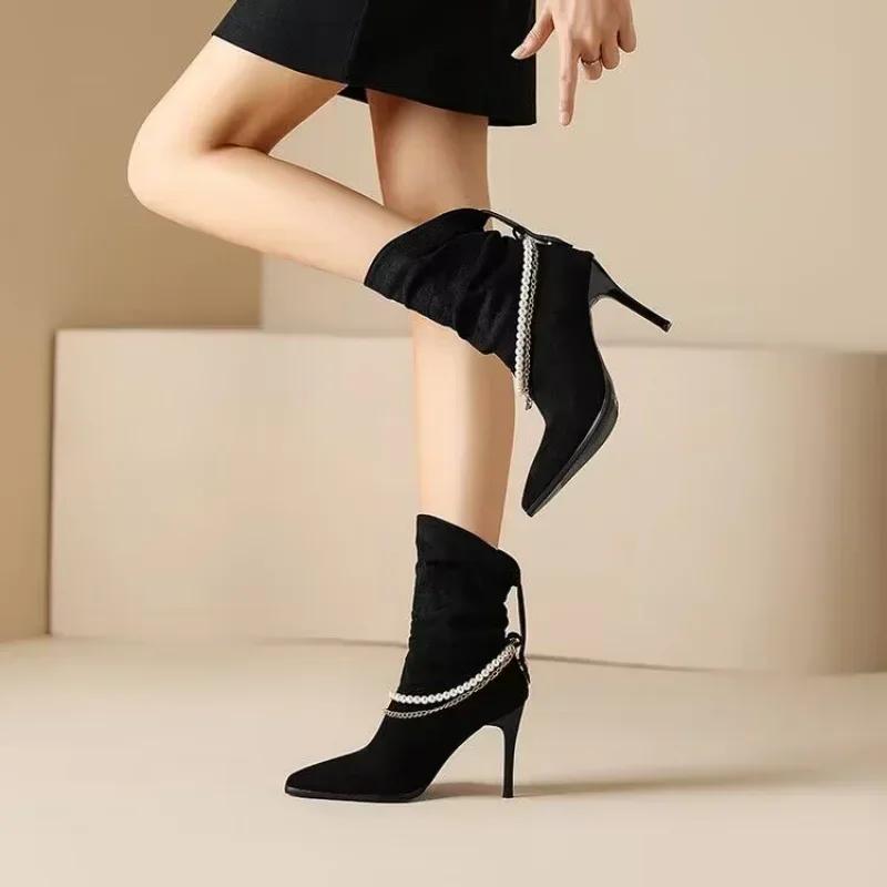 Women Pointed Toe Chelsea Boots Luxury Pearl Chain High Heels Shoes Winter New Designer Sexy Pumps Suede Goth