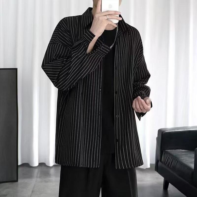

Мужская рубашка в вертикальную полоску в корейском стиле с длинным рукавом 2024 года — весна/осень, высококачественная, слегка эластичная, повседневная 3XL чёрный