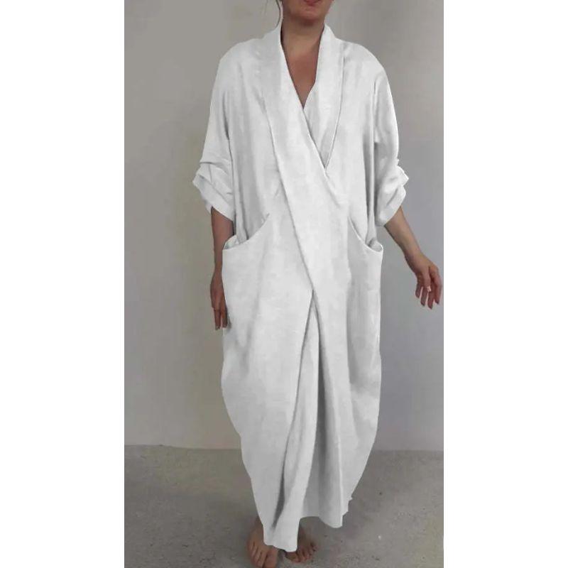 

European and American Fashion Women clothes Solid Casual Large Pocket Loose Dress Loose plus Size Dress White 3XL