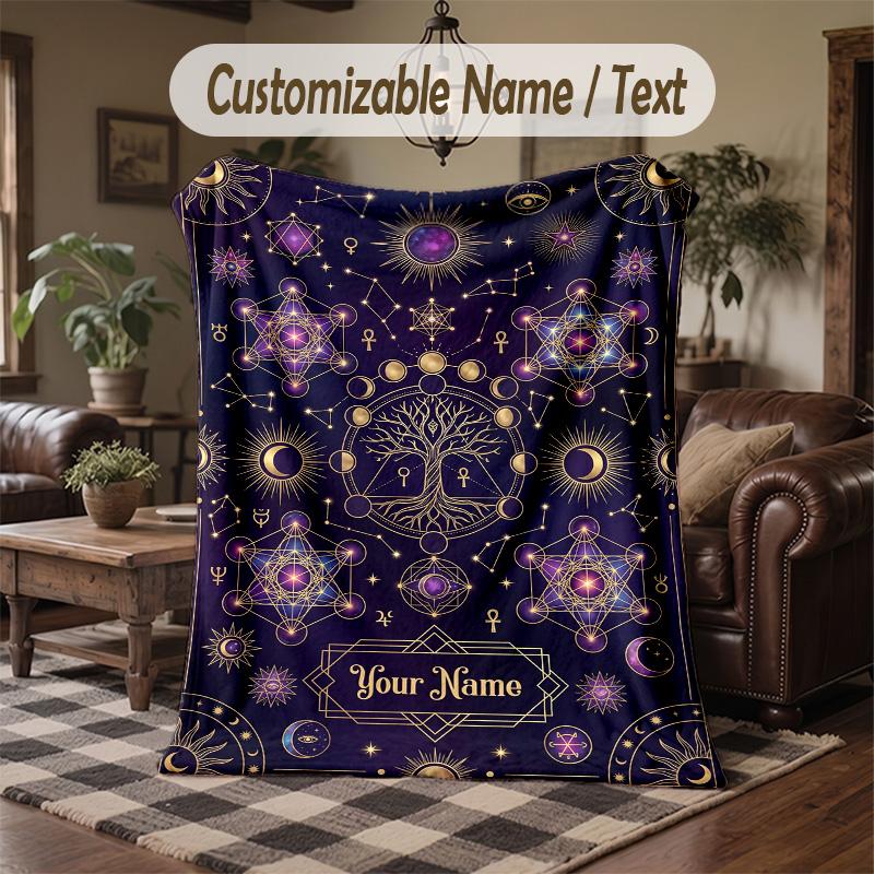 Cosmic Stars Moons Theme Throw Blanket Custom Name Text Personalized Blanket Soft Cozy Blanket for Home Sofa Bed