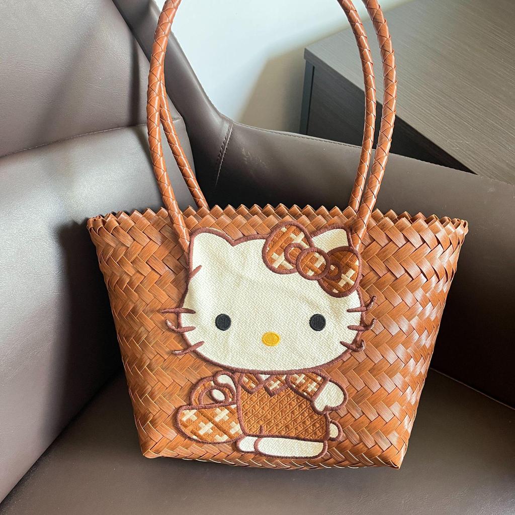Cartoon Kitty Hand-Knitted Hello Kitty Large Capacity Women's Shoulder Travel Bag