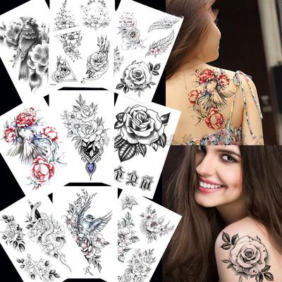 Blumen Skizze Tattoo Aufkleber, Schwarz-Weiß Halber Arm Tattoo Aufkleber, Wasserdicht und Schweißfestes Tattoo