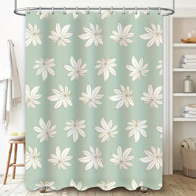 Vintage Fall Leaves Shower Curtain Waterproof Home Decor Bathroom Decoration In Green White Color with Leaf Pattern (200cmX180cm