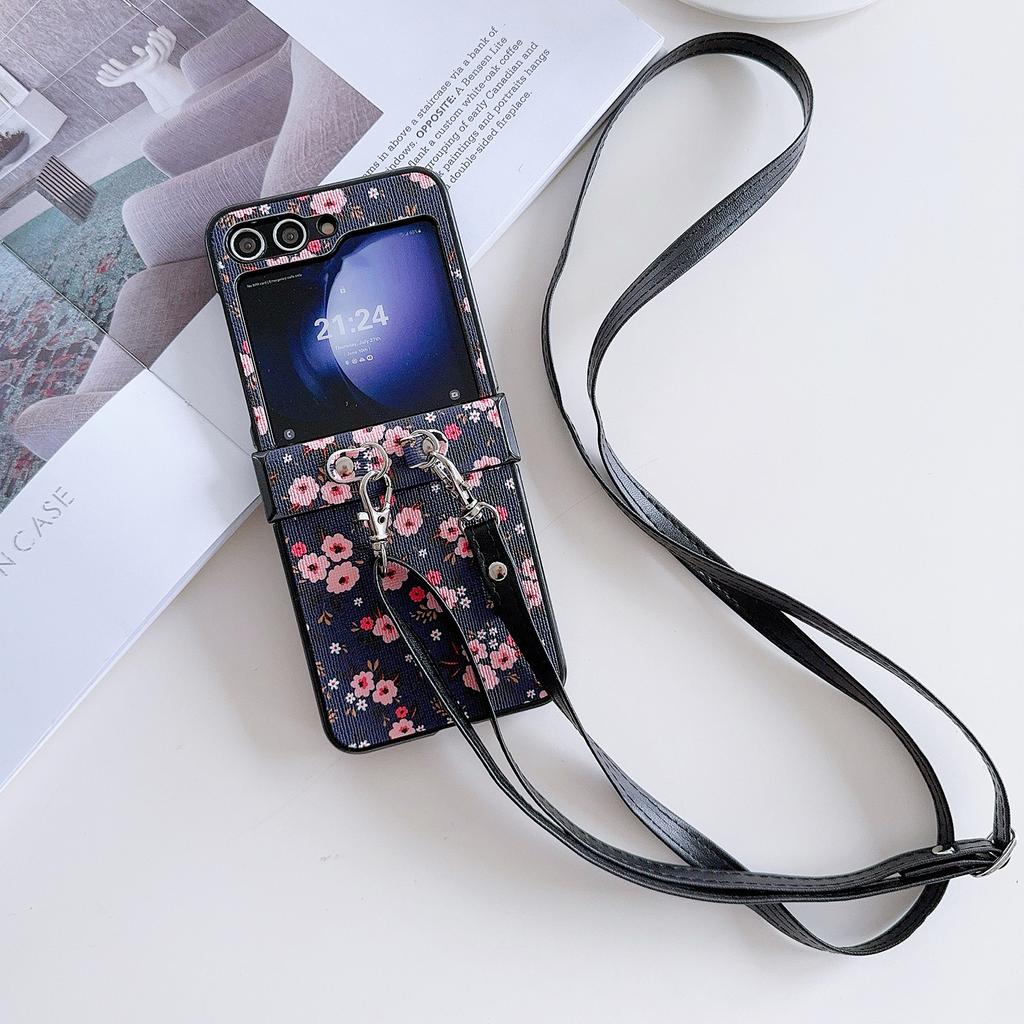 For Samsung Galaxy Z Flip7 FE 5G/Z Flip6 5G Small Flowers Pattern PU Leather Coated PC Phone Cover with Crossbody Strap