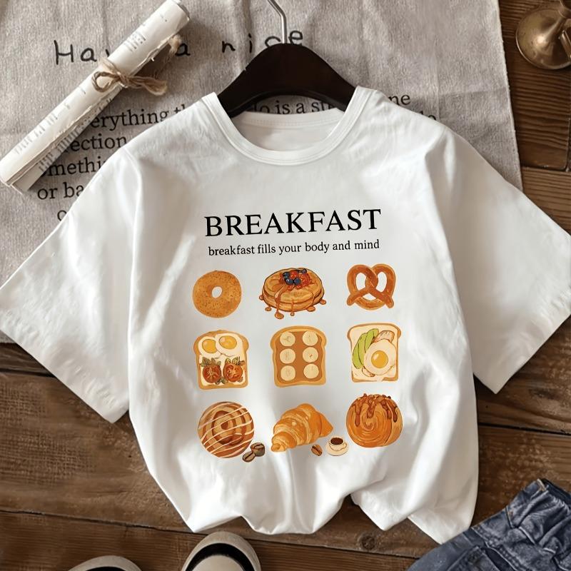 Kids Crewneck Short Sleeve T-Shirt, Delicious Breakfast Cartoon & Letter Print