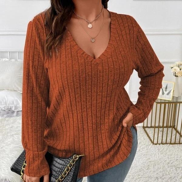 Women's Fashion Casual Solid Color Print Autumn Winter Long Sleeve V-Neck Loose Frosted T-shirt with Pit Stripes Sweaters