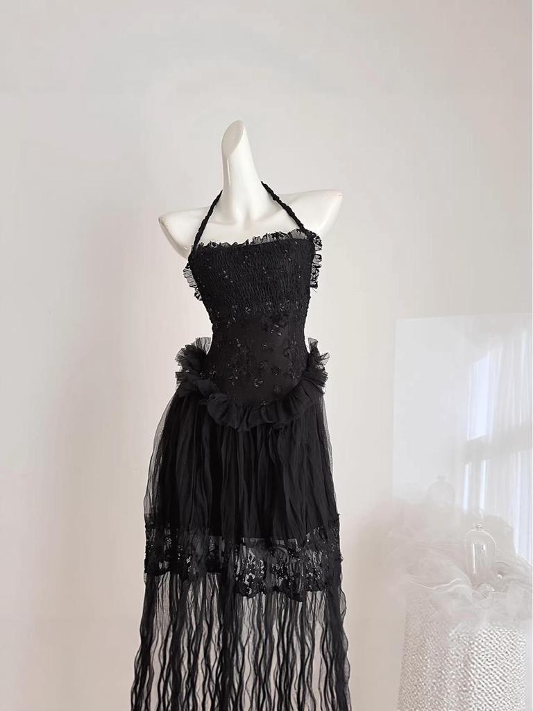 Ethereal Mesh Patchwork Halter Dress: Strapless Sleeveless Black Long Dress - Spring 2026 Collection