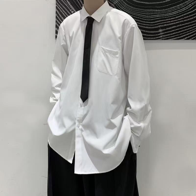 Men's Solid Color Shirt Male Turn Down Collar Black Tie Long Sleeved Shirt New Korean Style Loose Casual Comfortable Top