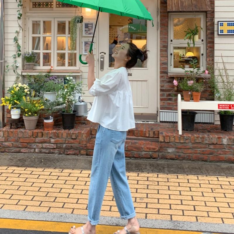 Johnature French Puff Sleeve Top Women Summer Loose White Shirt Korean Casual Lace Lace Doll Shirts