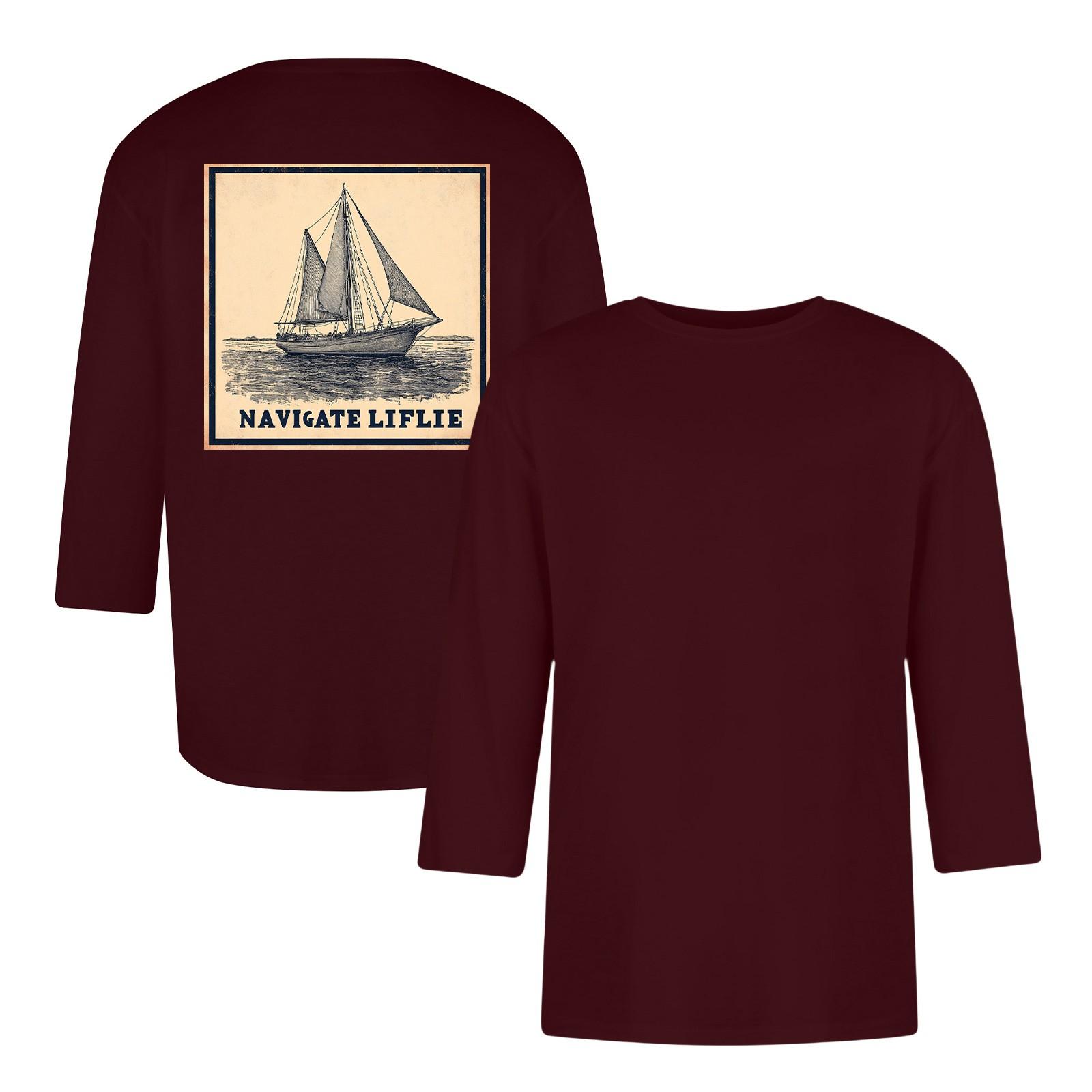 

Чоловіча повсякденна та модна футболка з принтом, з круглим вирізом та рукавом три чверті M винний