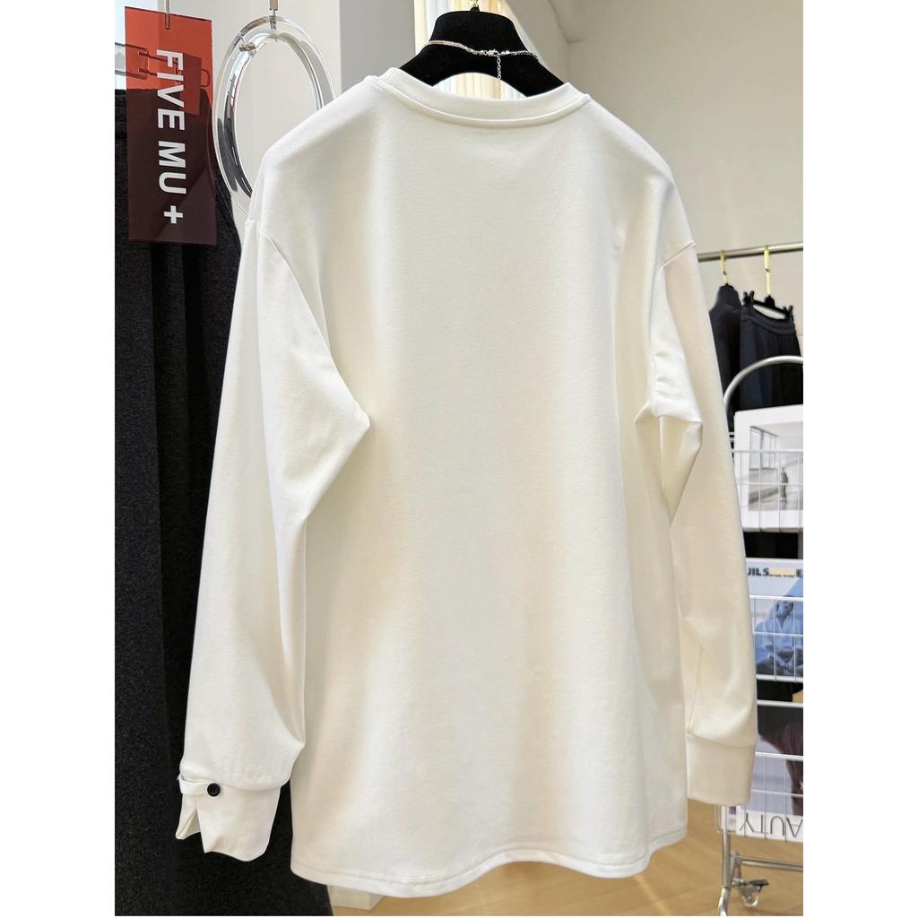 Plus Size Women's White Button-Up Long Sleeve T-shirt - Korean Style, Versatile Base Layer for Spring 2026