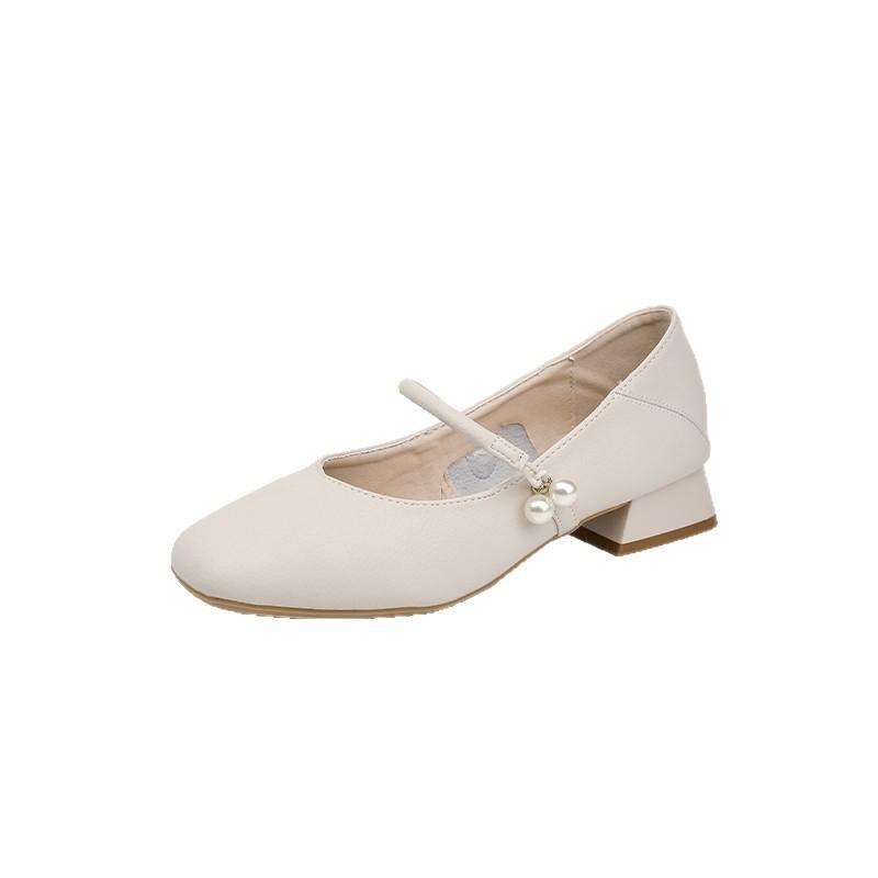 Super soft!! Leather French low heel square head nude Mary Jane shoes cheongsam single shoes work leather shoes commuter women's shoes