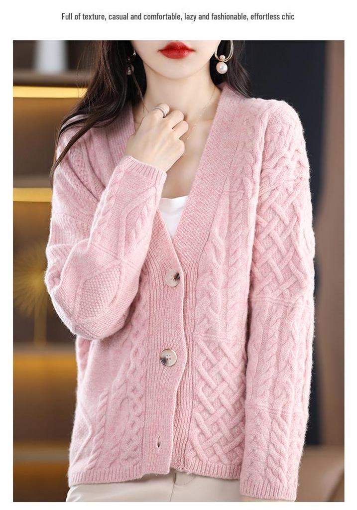 Stylish Retro V-neck 100% Pure Wool Cable Knit Cardigan Sweater