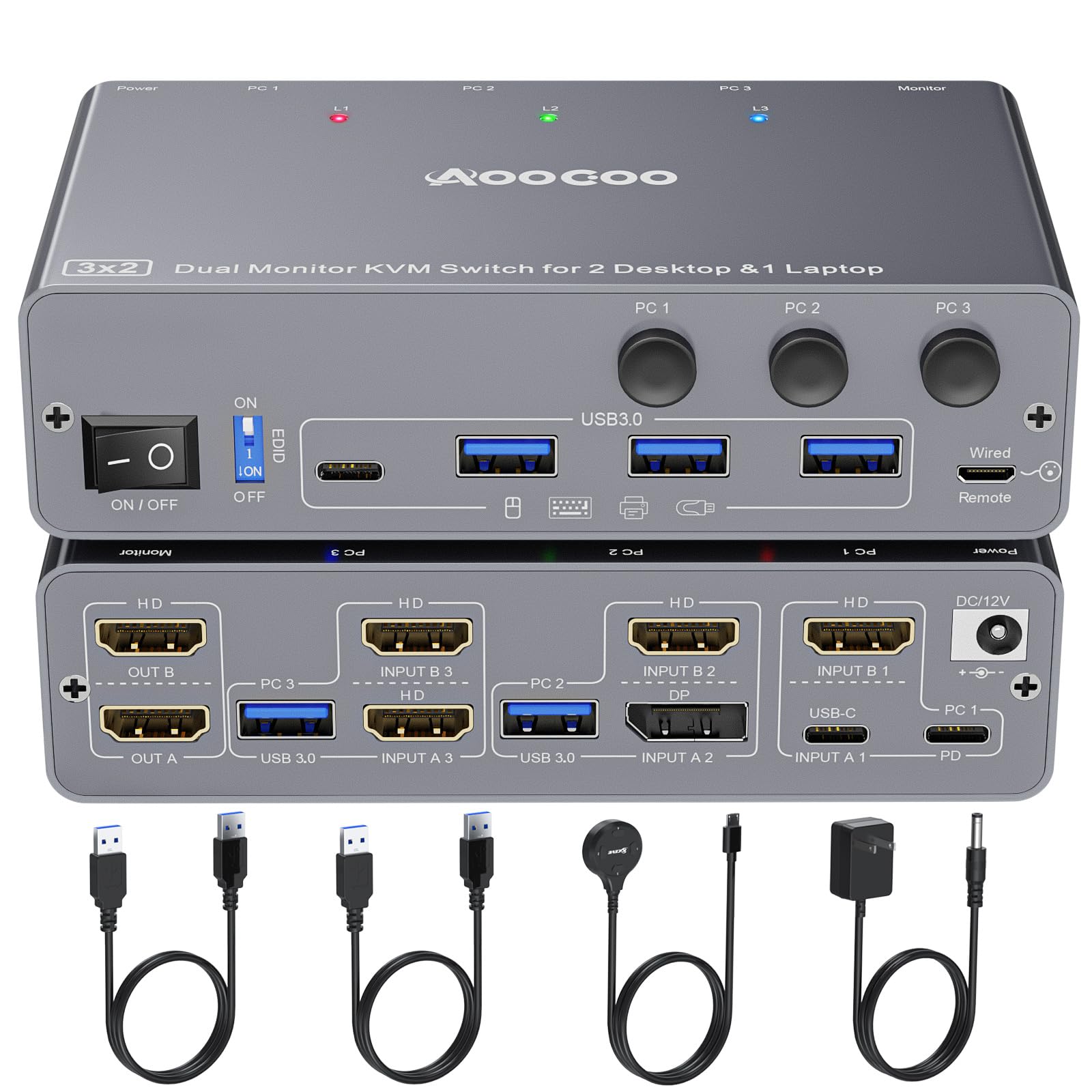 2 Desktop 3 Input 2 Output Dual Monitor HDMI DP KVM Switch KVM 100W Shares Two Monitors and One Keyboard Mouse Set + Laptop, USB-C Type-C 4K@60Hz