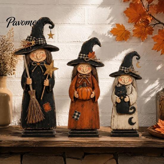Vintage Style Witch Party Supplies Wooden Figurine, Halloween Statues with Decorations for Home Display Broom Pumpkin Black Cat, Fall Farmhouse