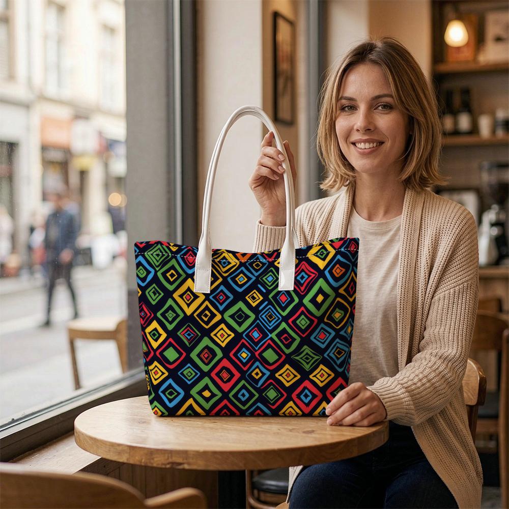 Colorful Geometric Pattern Tote Bag Casual Portable Large Capacity Daily Use Shoulder Handbag