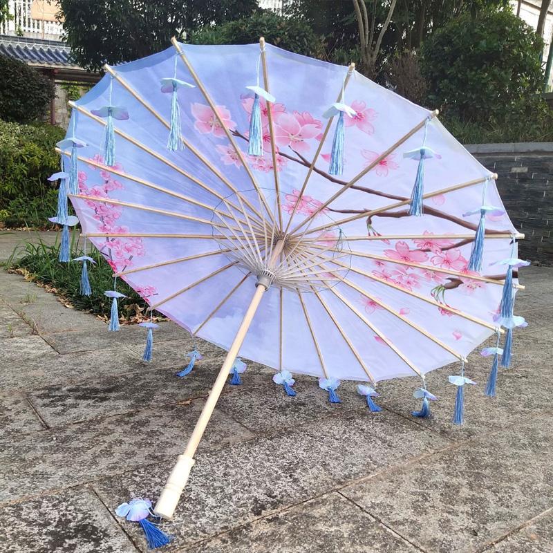 1PC Umbrella 70/82CM Oil Paper for Women Girl Performance Photo Props Antique Umbrella Parasol Satin Cloth Tassel