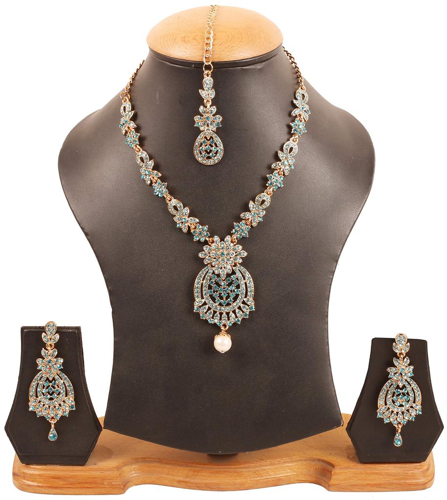 Touchstone Indian Bollywood Gorgeous Intricate Craftsmanship Sparkling White Colorful Rhinestone Crystal Wedding Designer Jewelry Necklace Set Gold