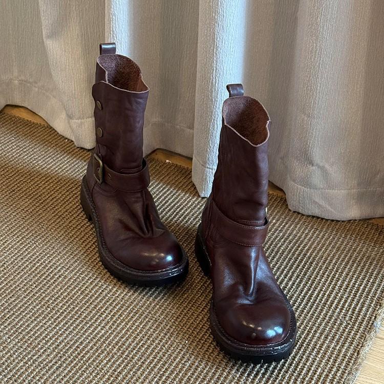 Cowhide Version~ Lazy and Slack Pleated Belt Buckle Thick Heel Short Boots Women's Leather Fashion Retro Versatile Knight Boots