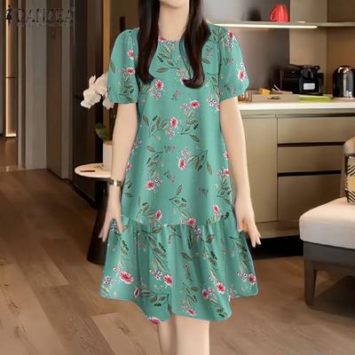 Women Floral Print Summer Casual Round Neck Short Sleeve Dress