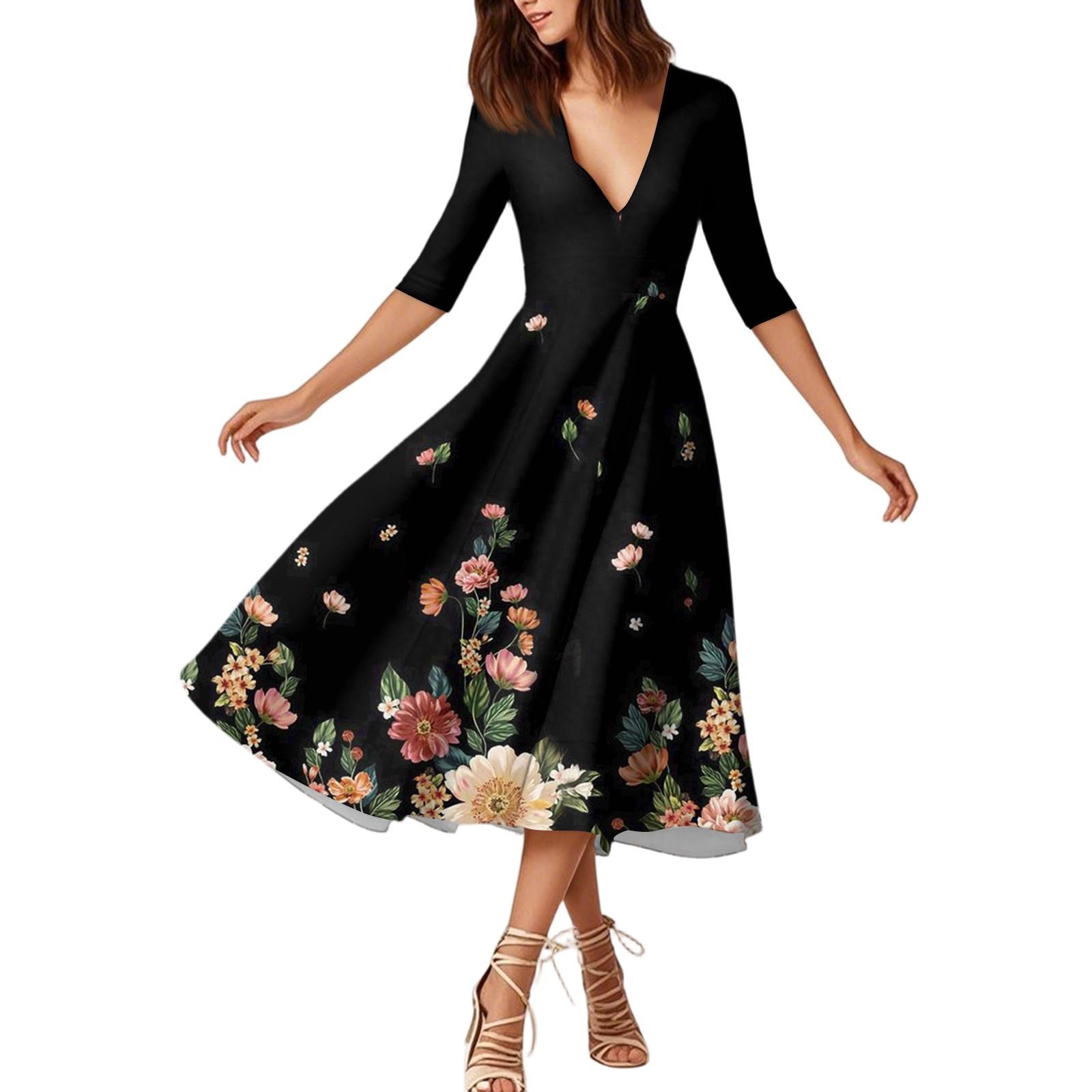 A Fashionable Mid-Sleeved Mid-Length Dress With Floral Prints And A Sexy V-Neck XXL чёрный