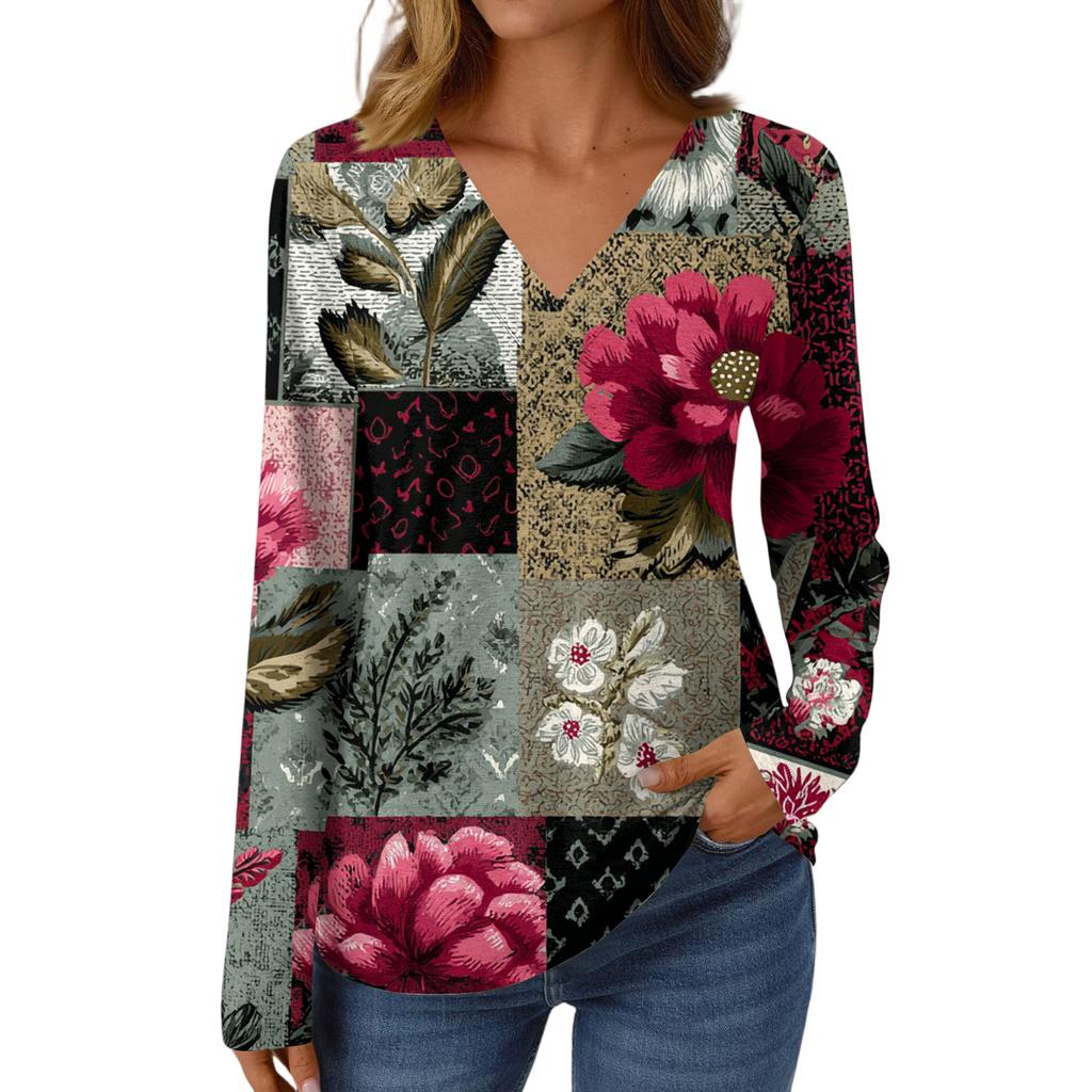 Women's Casual Fashion Brushed Retro Floral Print Long Sleeve V-Neck Top T-Shirt