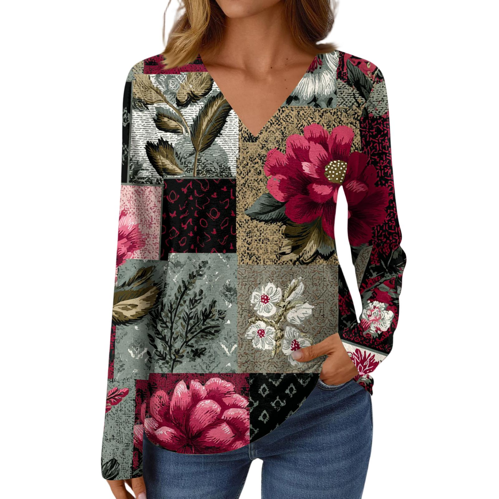 Women s Casual Fashion Brushed Retro Floral Print Long Sleeve V-Neck Top T-Shirt L
