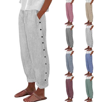 Women Casual  Stripe Print Side Button Up Trendy Pants Baggy Elastic Waist Straight Leg Comfort Trousers With Pocket
