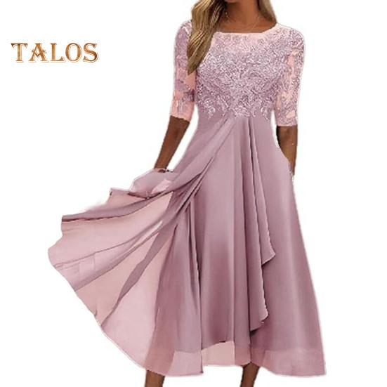 Damen Midikleid mit Blumenspitze, Sommerkleid mit Rundhalsausschnitt, Chiffon, Swing-Kleid, Cocktailkleid, Abendkleid, langes Kleid für Hochzeitsgäste, Brautjungfernparty
