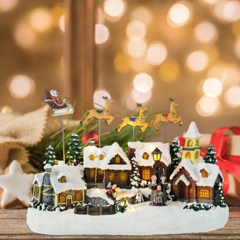Musical Light Up Reindeer Christmas Ornament Resin Village House Festival Table Decoration For Living Room Bedroom