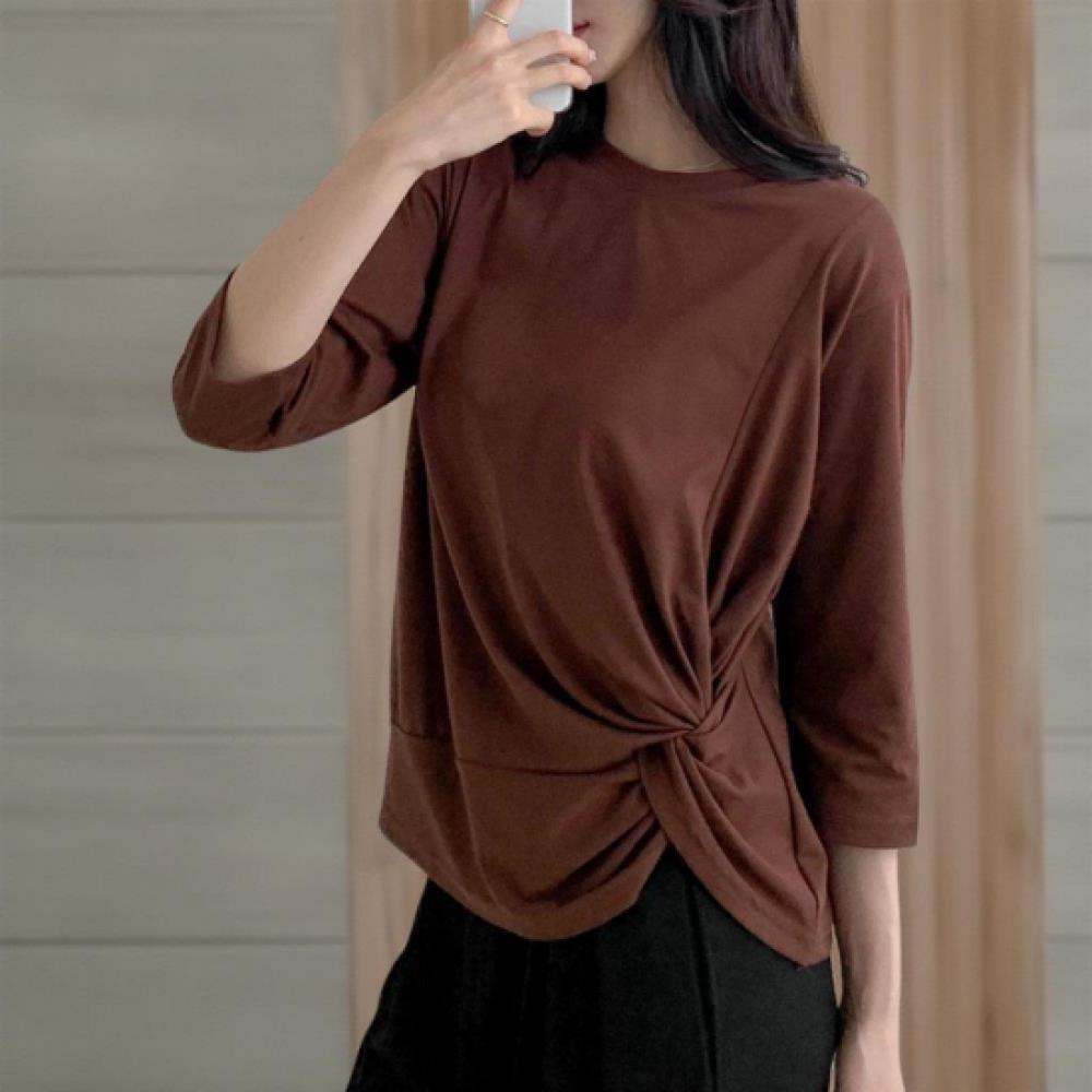 New Arrivals Open Run Women Spandex Brown Round Neck Three QuarTer T shirT TwisT