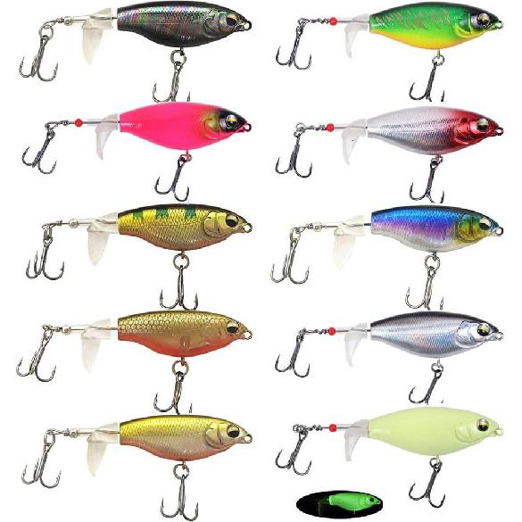10PCS Top Water Fishing Lures Whopper Fishing Lure for Bass, Popper Fishing Lures with Floating Rotating Tail One Luminous Saltwater and Freshwater