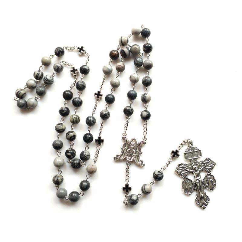 10mm Acrylic Bead Rosary Necklace Vintage Weave Catholic Religious Cross Jesus Pendant Necklaces for Men Women Jewelry Charm
