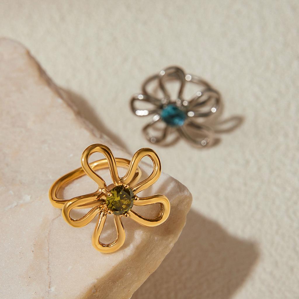 Youthway Minimalist Statement Metal Irregular Flower Colored Zircon Hollow Ring Stainless Steel Waterproof Fashion Jewelry Gift