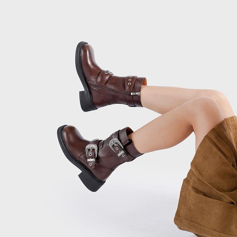 Zhao Zhaoyi Martin Western Cowboy Boots Coarse Heel Brown Short Boots Women's New Knight Boots Medium Boots