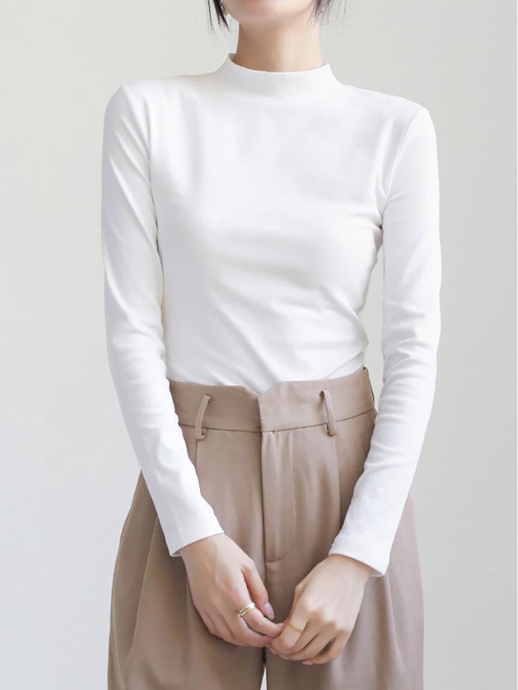 Women's Slim-Fit Stand Collar Long-Sleeve Fleece Base Layer Top - White, Ideal for Autumn and Winter Layering.