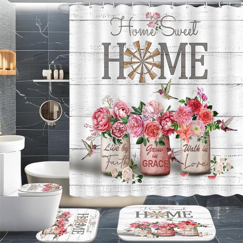 

Blue Hydrangea Shower Curtain Set Rustic Butterfly Floral Bath Curtains Home Bathroom Decor Floor Rug Bath Mats Toilet Lid Cover W60H190(CM)-1 Pcs