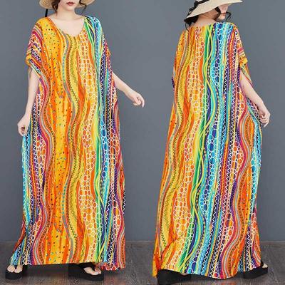 Real Spot European and American Cotton Color Printed Vacation Dress Loose Bat Sleeve Robe Blouse Large Size Dress