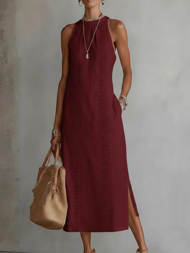 Elegant White Sleeveless Maxi Dress with Slit and Lace Detail