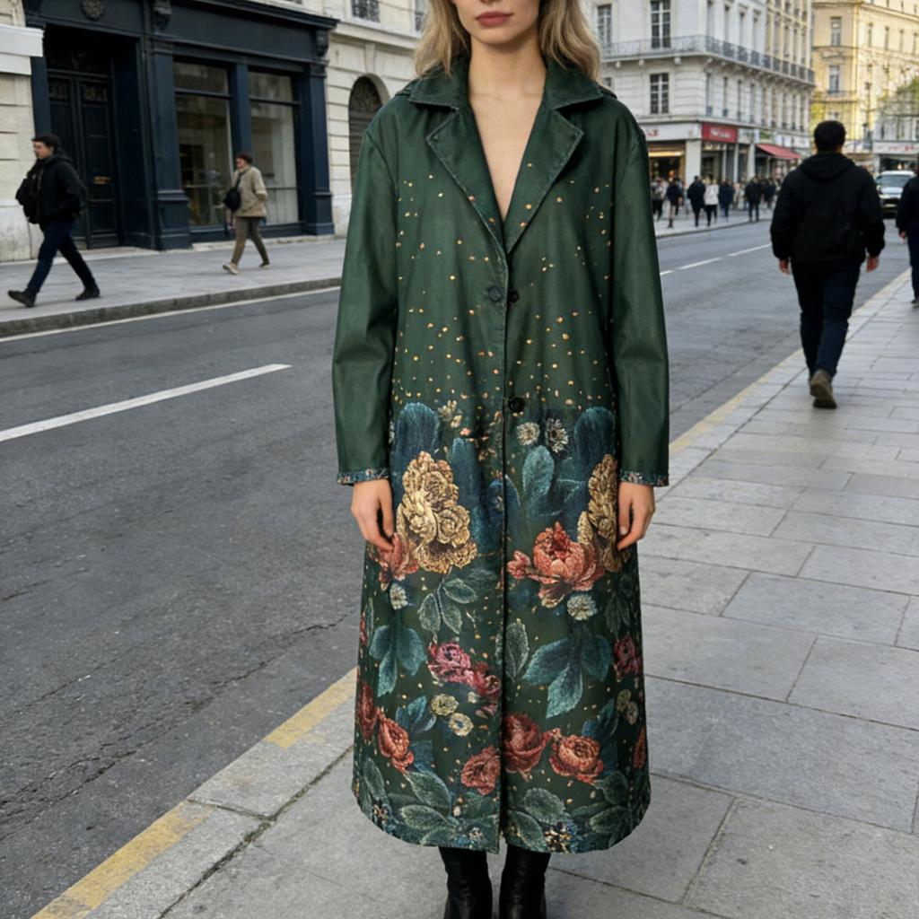 Women's Long-sleeved Color Floral Print Lapel Coat