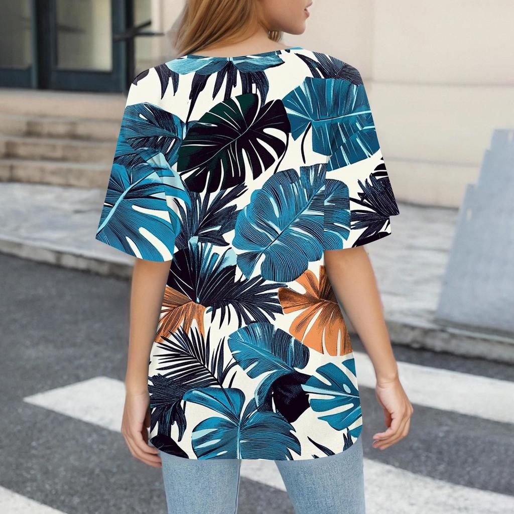 Women's T Shirt Print Button Short Sleeve Daily Weekend Fashion Basic V- Neck Regular Top