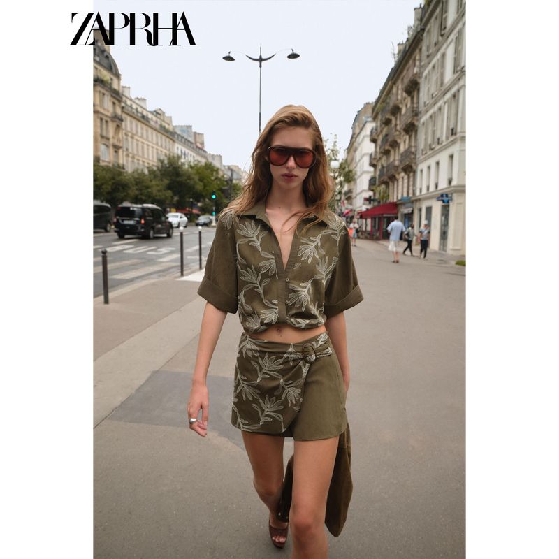 Zaprha 2025 Autumn New Women Lapel Curling Short Sleeve V-neck Contrast Color Embroidery Shirts Top 3564156