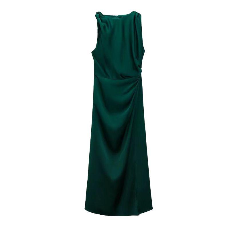 Sleeveless Split Silk Satin Textured Dress with Pleats
