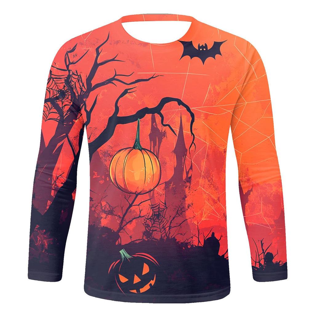 Spring and Autumn Round Neck Halloween Pumpkin Pattern 3D Printed Top Fashionable Casual Long Sleeved Men's T-shirts