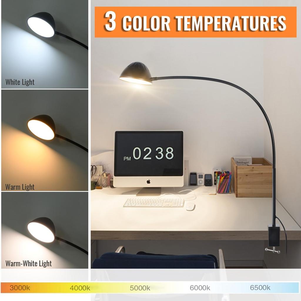 Clamp Lamp, Clip on Lamp, Desk Lamp with Clamp, 10W, 1100 LMS, 3 Color Modes, 10 Brightness Levels, 31 Inches Long Flaxible Gooseneck, Perfect for